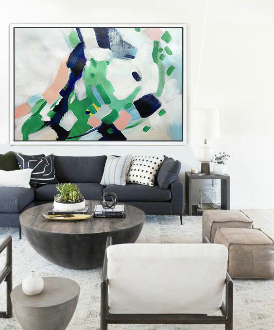 Hand Made Abstract Art,Oversized Horizontal Contemporary Art,Abstract Painting On Canvas,White,Pink,Dark Blue,Green.etc